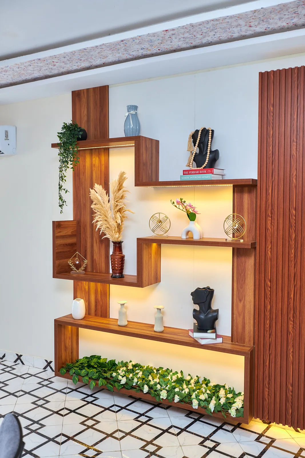 Lit display shelving and slat panel