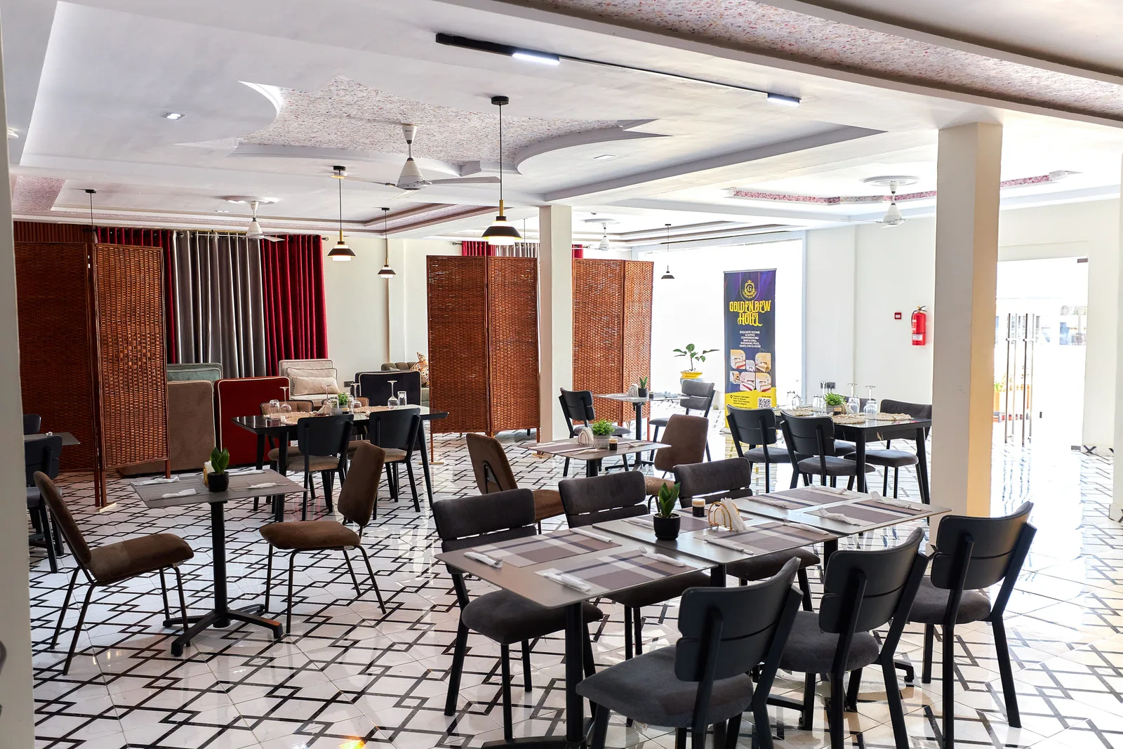 Restaurant fit-out with P.O.P ceiling and curtains
