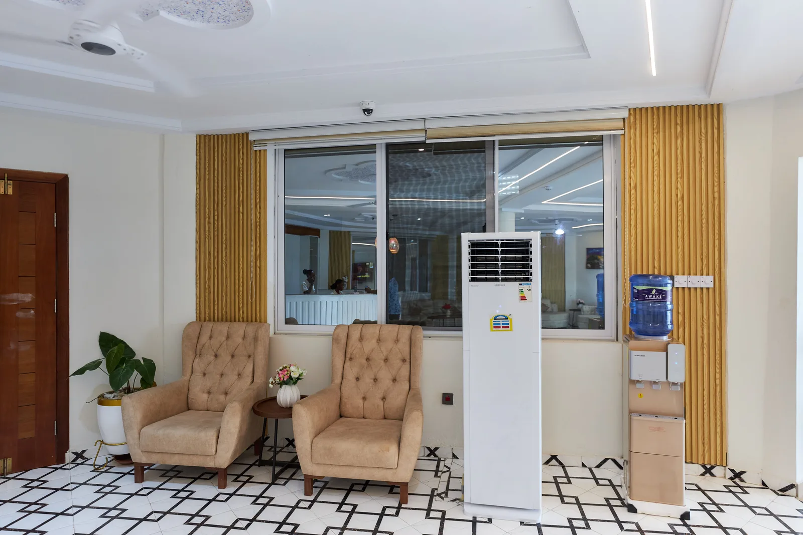 Waiting area with wood slat columns