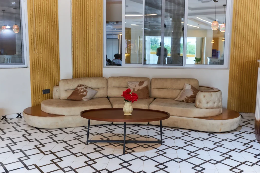 Hotel lounge with curved sofa