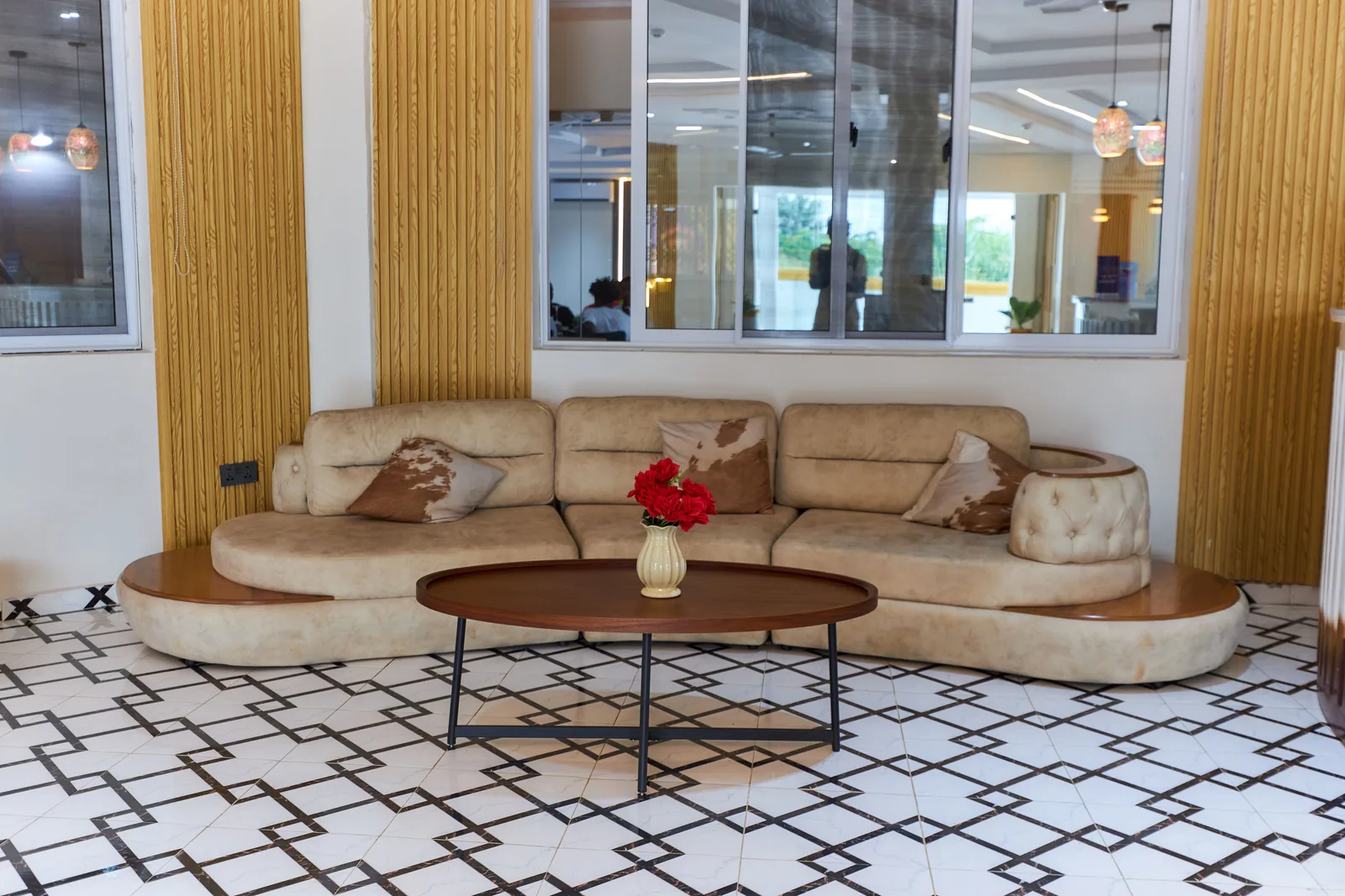 Hotel lounge with curved sofa