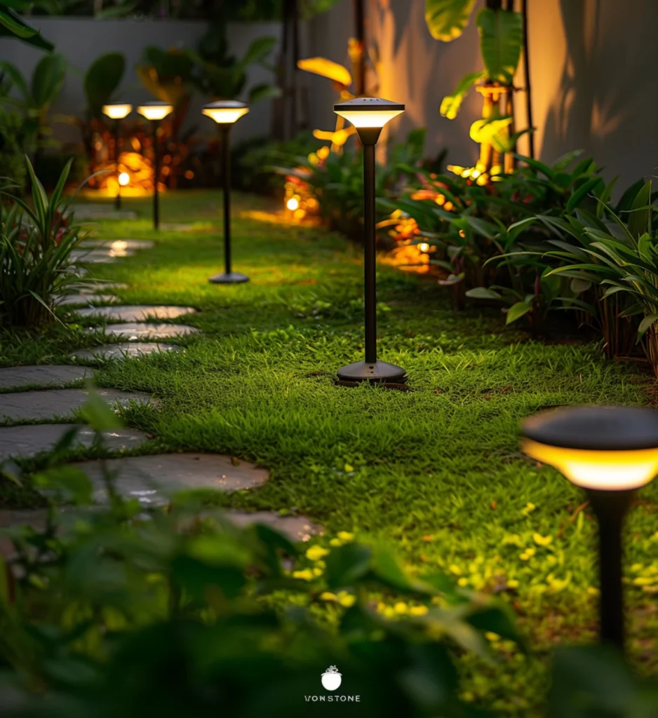 Best Interior Designers in Kumasi, Landscaped garden with lawn, stepping-stone path and warm outdoor path lights